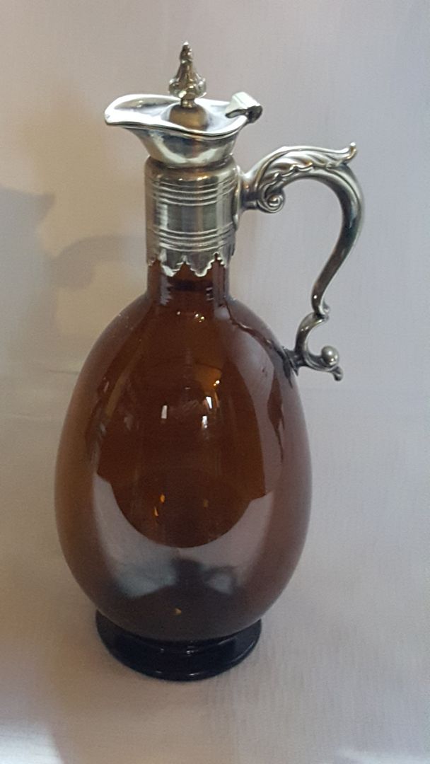 Amber brown glass & white metal vintage Victorian antique wine jug