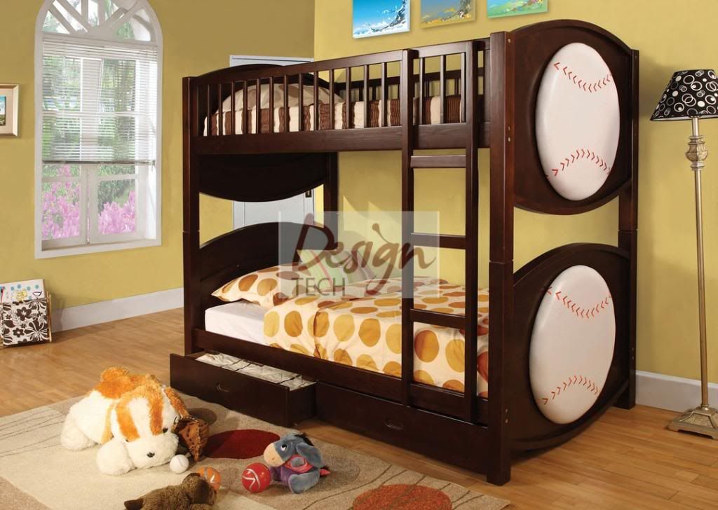 Twin Baseball Bunk Bed Padded Headboard 2 Storage Drawers Espresso