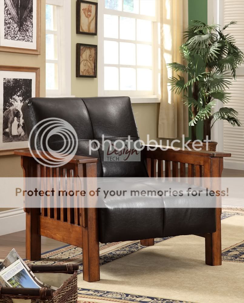 3pc Set Futon Couch Sofa Chair Espresso Faux Leather Oak Wood Mission Style